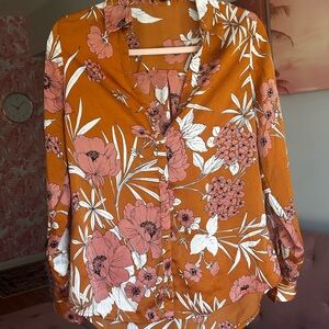 Express floral Button-Up Blouse - Orange and Pink